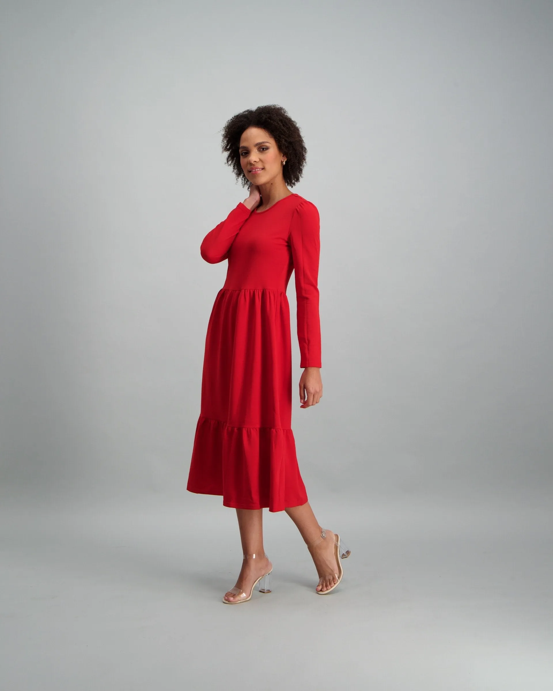 Ladies-Long Sleeve Fleece Tiered Midi Dress - Red