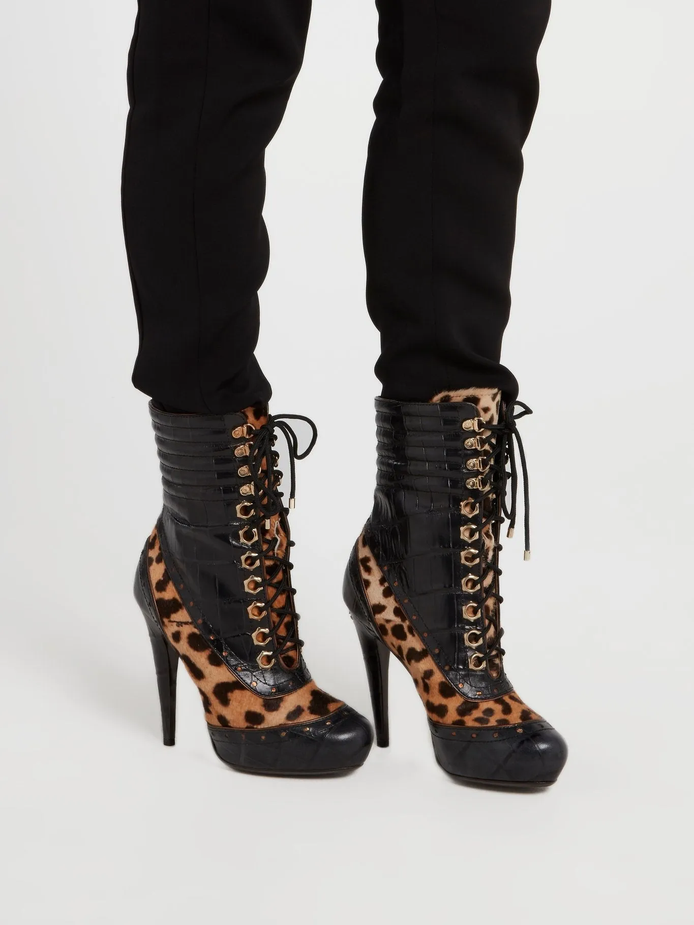 Leopard Print Lace Up Leather Boots