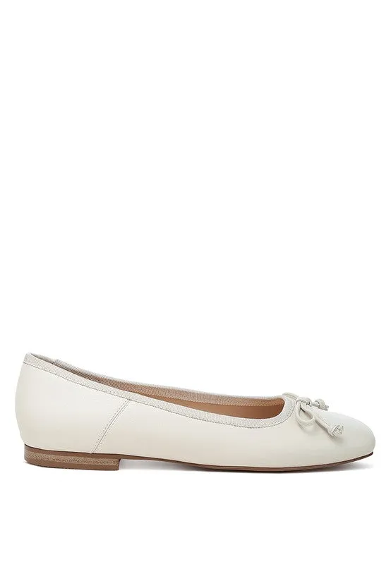 Lurren Square Toe Ballerinas - Genuine Leather, Bow Detail, Black, Beige, Pink