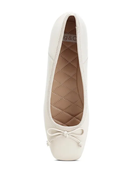Lurren Square Toe Ballerinas - Genuine Leather, Bow Detail, Black, Beige, Pink