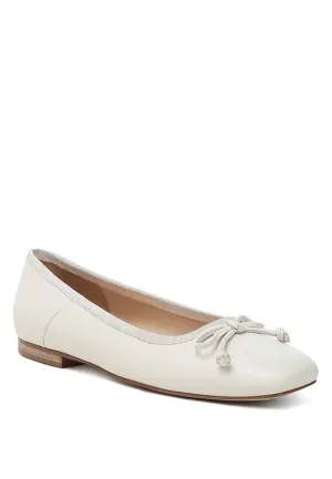 Lurren Square Toe Ballerinas - Genuine Leather, Bow Detail, Black, Beige, Pink