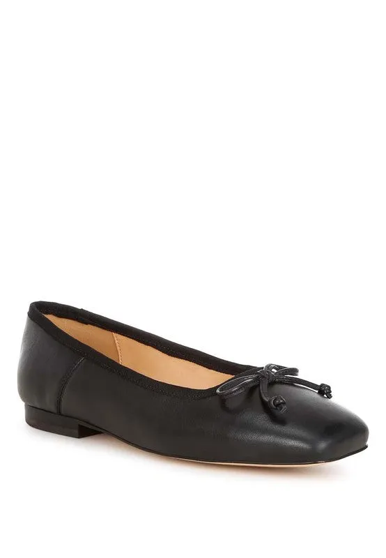 Lurren Square Toe Ballerinas - Genuine Leather, Bow Detail, Black, Beige, Pink