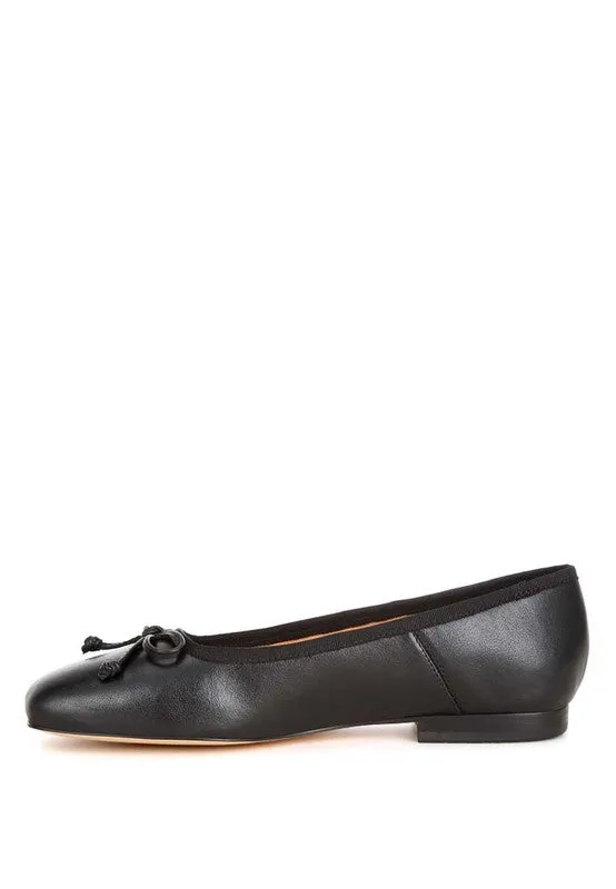 Lurren Square Toe Ballerinas - Genuine Leather, Bow Detail, Black, Beige, Pink