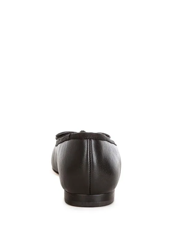 Lurren Square Toe Ballerinas - Genuine Leather, Bow Detail, Black, Beige, Pink