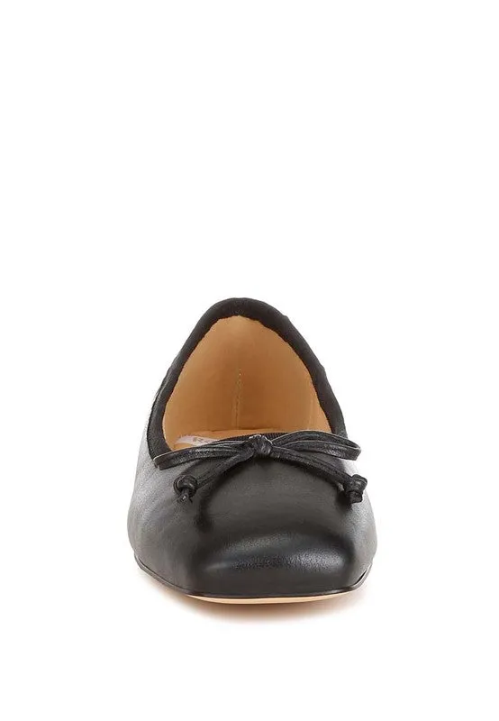 Lurren Square Toe Ballerinas - Genuine Leather, Bow Detail, Black, Beige, Pink