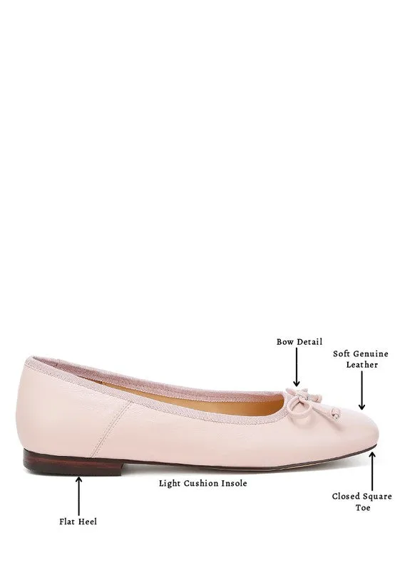 Lurren Square Toe Ballerinas - Genuine Leather, Bow Detail, Black, Beige, Pink