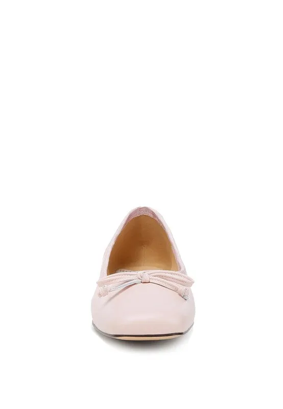 Lurren Square Toe Ballerinas - Genuine Leather, Bow Detail, Black, Beige, Pink