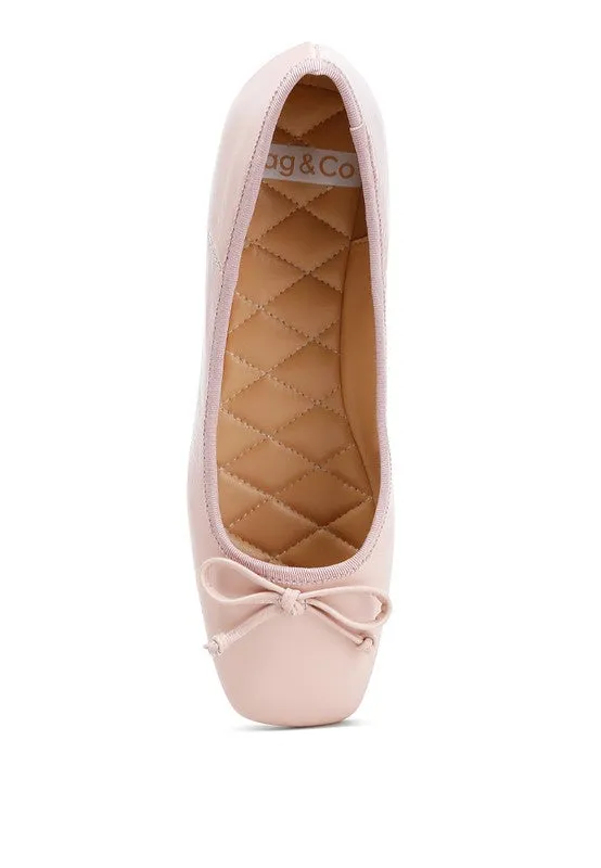 Lurren Square Toe Ballerinas - Genuine Leather, Bow Detail, Black, Beige, Pink