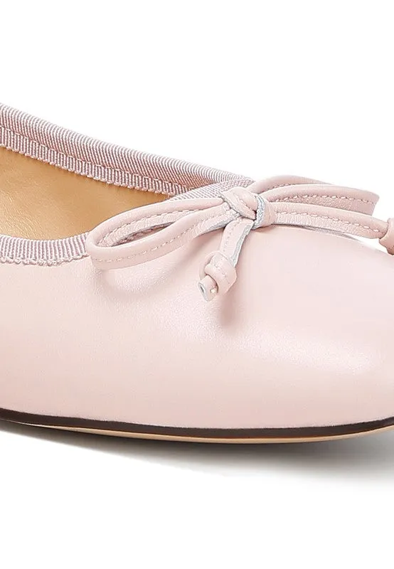 Lurren Square Toe Ballerinas - Genuine Leather, Bow Detail, Black, Beige, Pink