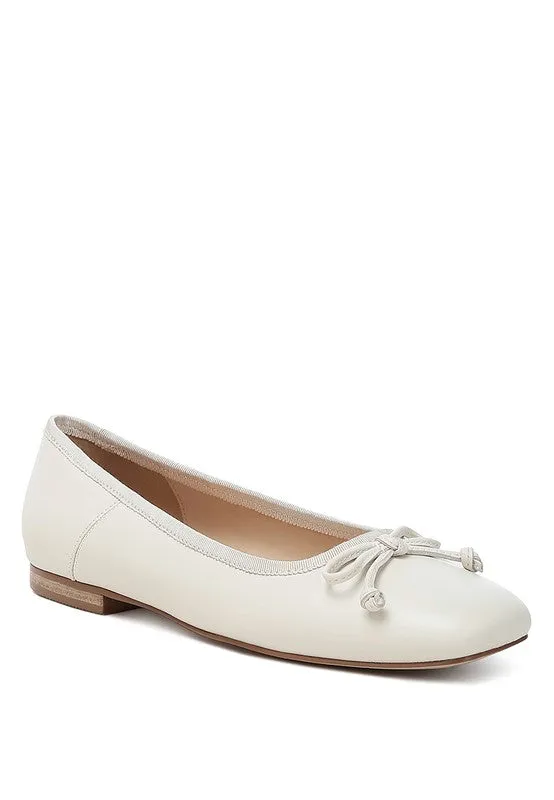 Lurren Square Toe Ballerinas - Genuine Leather, Bow Detail, Black, Beige, Pink