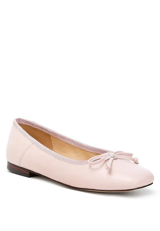 Lurren Square Toe Ballerinas - Genuine Leather, Bow Detail, Black, Beige, Pink