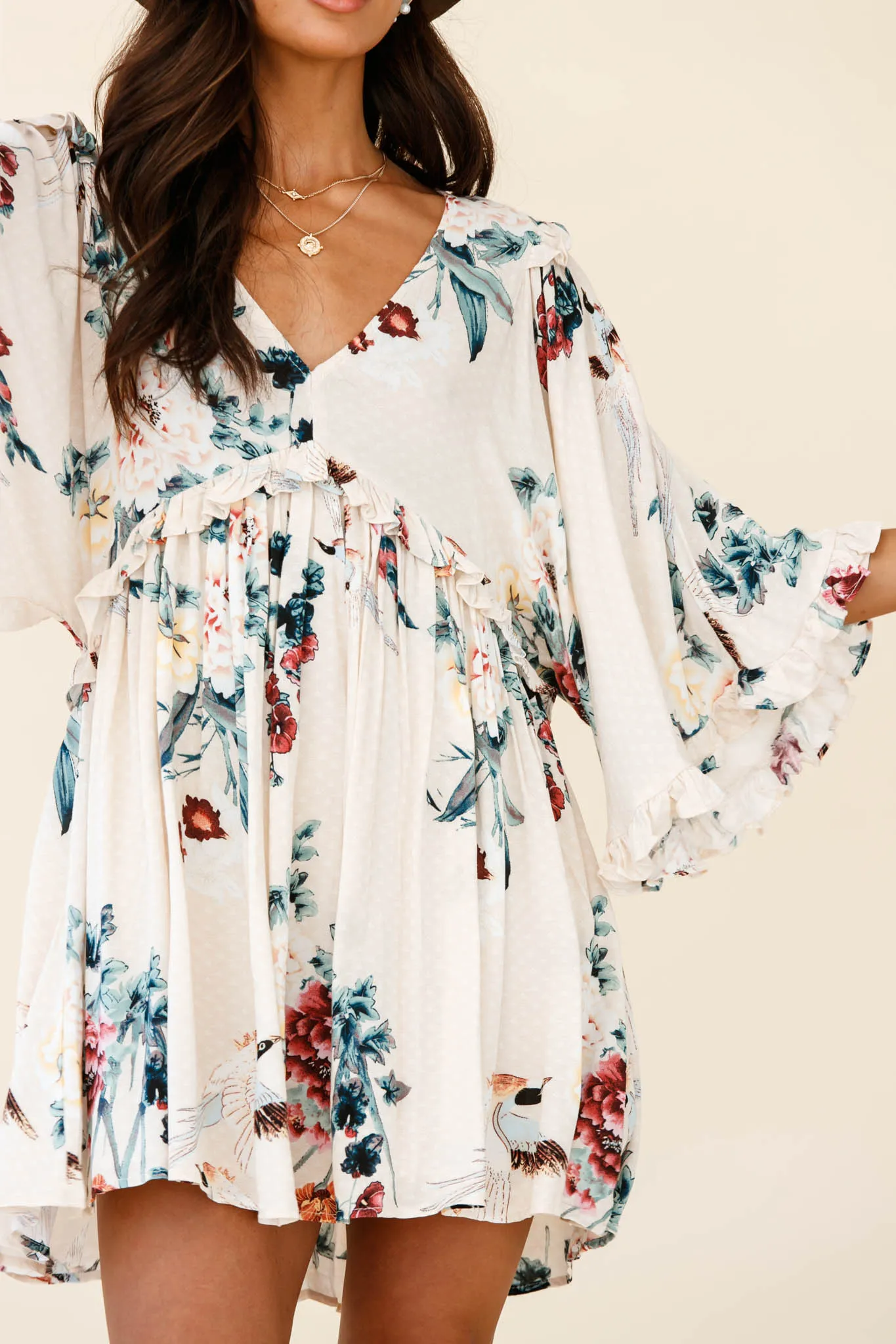 Lynette Loose Fit Angel Sleeve Dress Botanic Print Nude