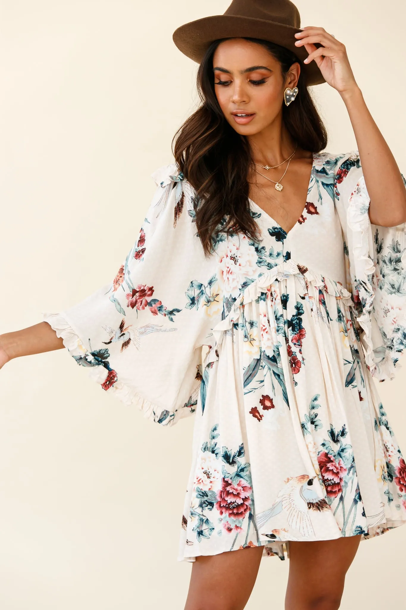 Lynette Loose Fit Angel Sleeve Dress Botanic Print Nude
