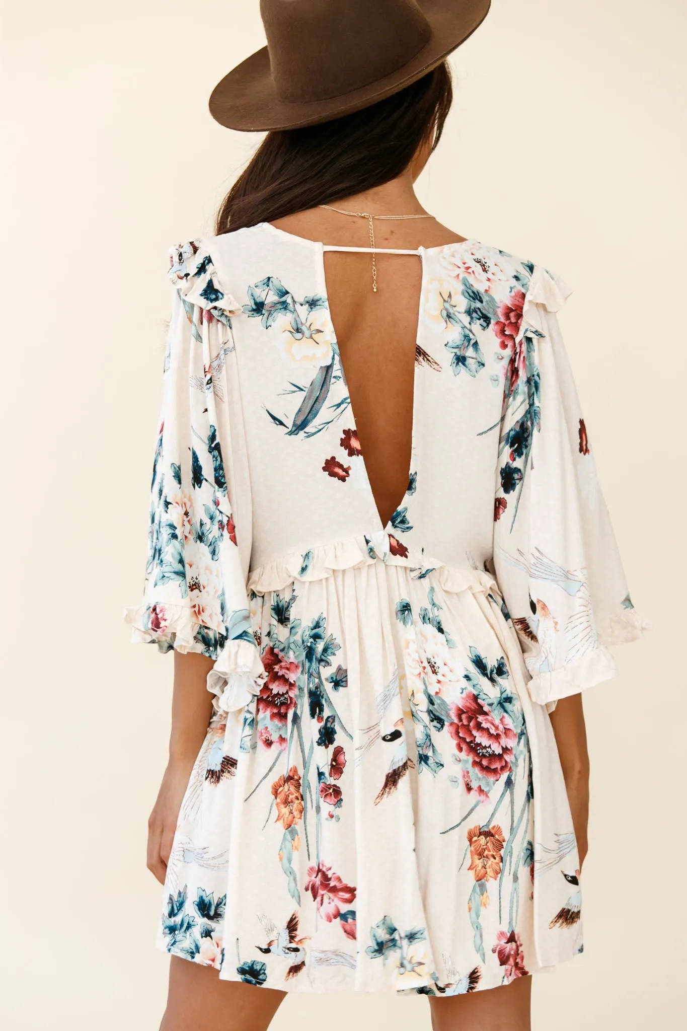 Lynette Loose Fit Angel Sleeve Dress Botanic Print Nude