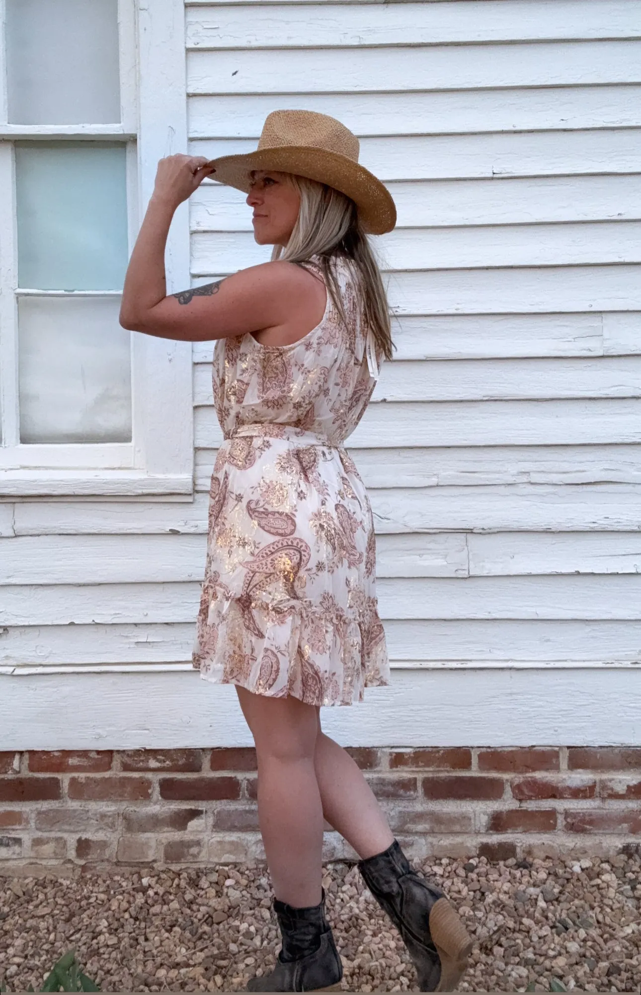 Metallic Sleeveless Smocked Belted Mini Dress