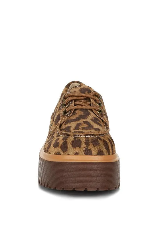 Onglur Leopard Print Suede Loafers - Oxford Style, 2-Inch Platform Heel, Lace-Up