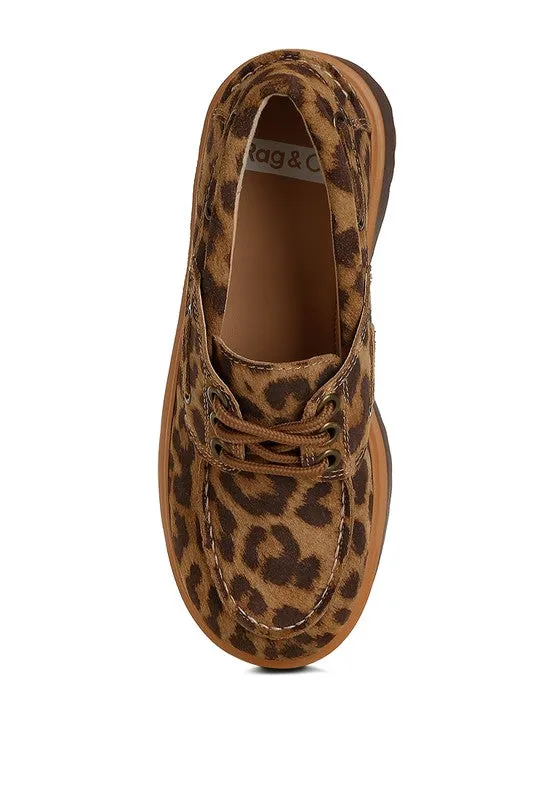 Onglur Leopard Print Suede Loafers - Oxford Style, 2-Inch Platform Heel, Lace-Up