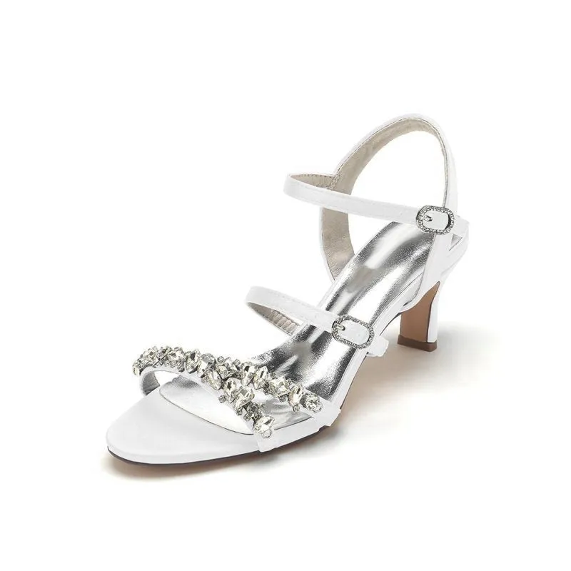 Open Toe Chunky Heels with Rhinestone