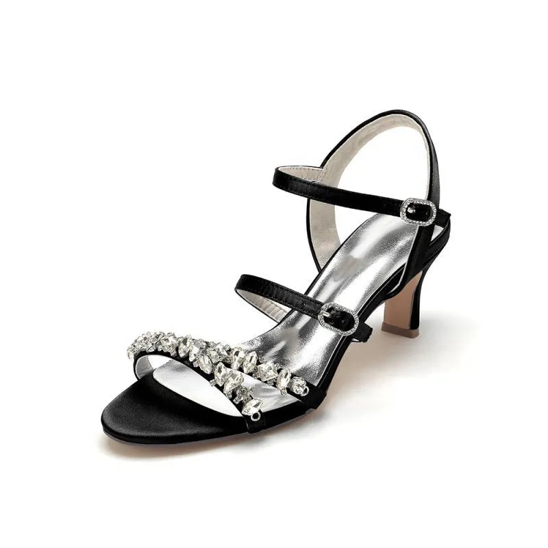Open Toe Chunky Heels with Rhinestone