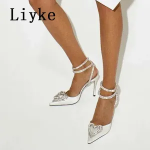 Party Wedding Women Pumps Sandals Elegant Pink High Heels Stiletto Fashion Heart Shape Crystal Buckle Female Shoes