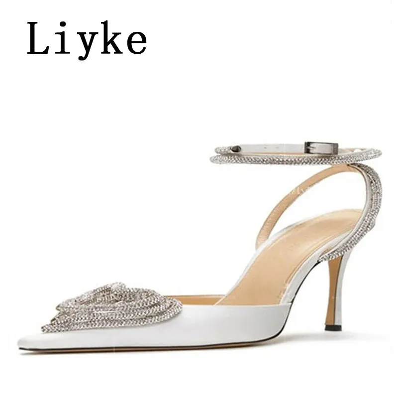 Party Wedding Women Pumps Sandals Elegant Pink High Heels Stiletto Fashion Heart Shape Crystal Buckle Female Shoes