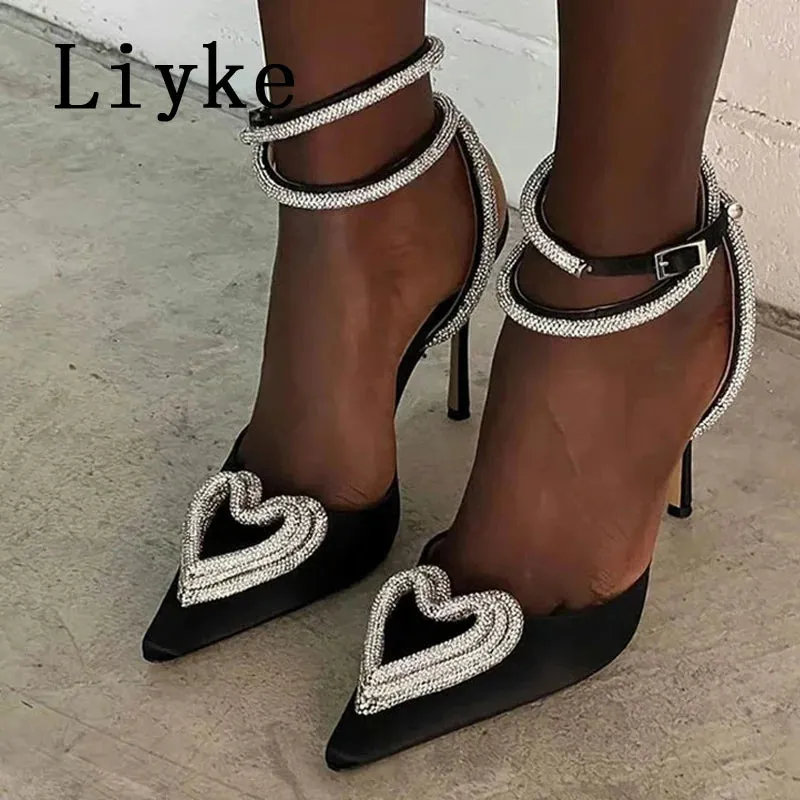 Party Wedding Women Pumps Sandals Elegant Pink High Heels Stiletto Fashion Heart Shape Crystal Buckle Female Shoes