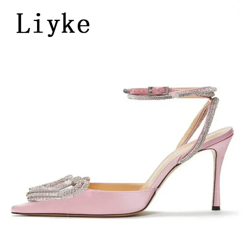 Party Wedding Women Pumps Sandals Elegant Pink High Heels Stiletto Fashion Heart Shape Crystal Buckle Female Shoes