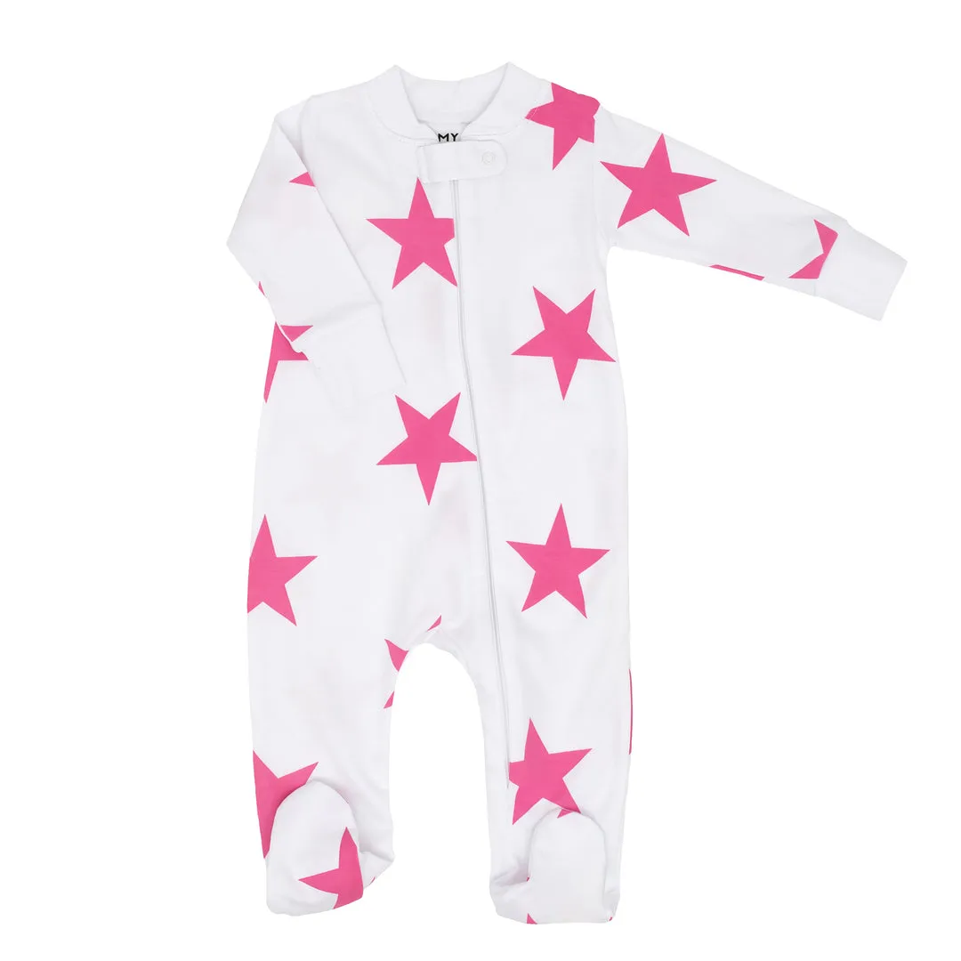 Pink Bold Star Zipper Romper