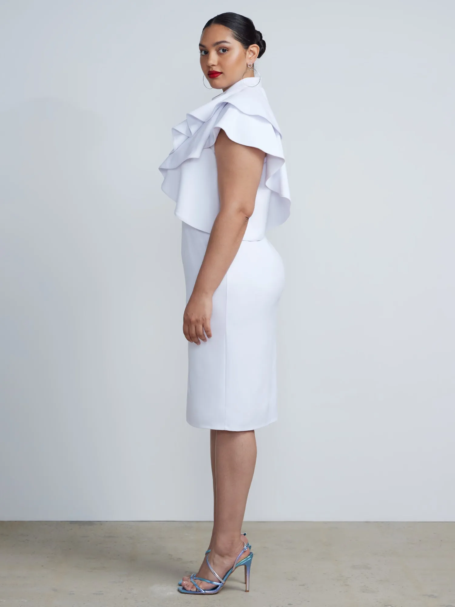 Plus One Shoulder Ruffle Sleeveless Sheath Midi Dress