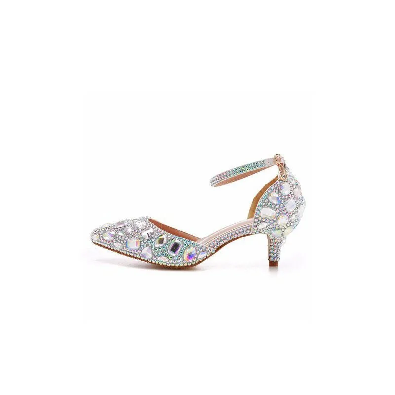 Pointed Toe Crystal Diamond Ankle Strap Kitten Heels