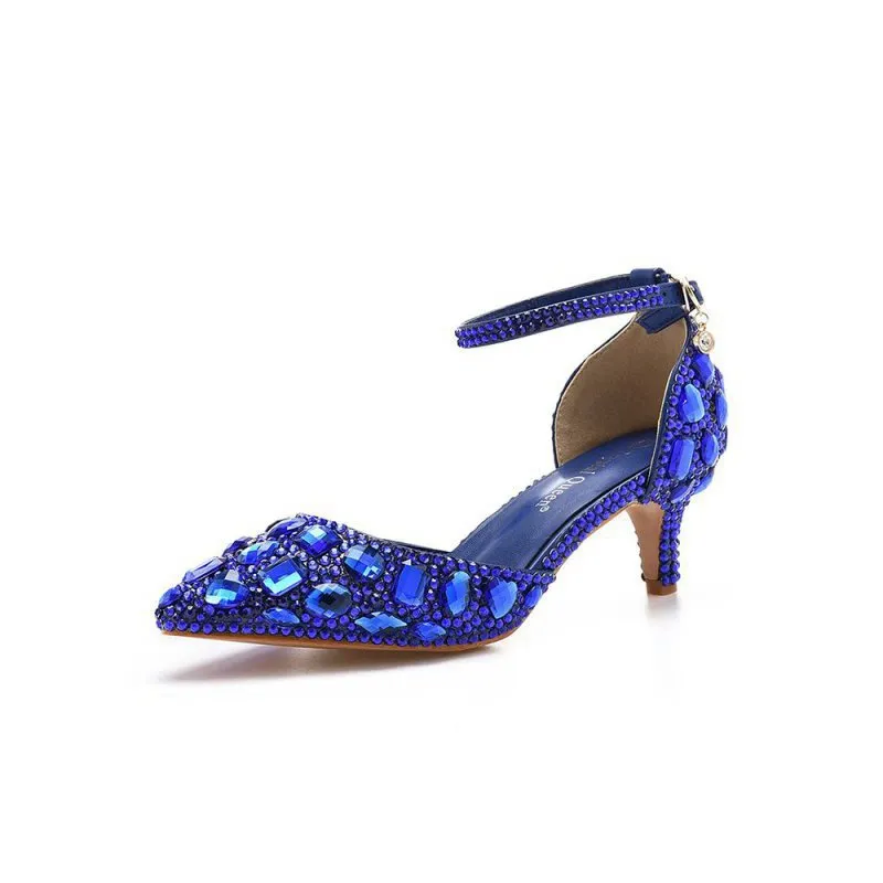 Pointed Toe Crystal Diamond Ankle Strap Kitten Heels