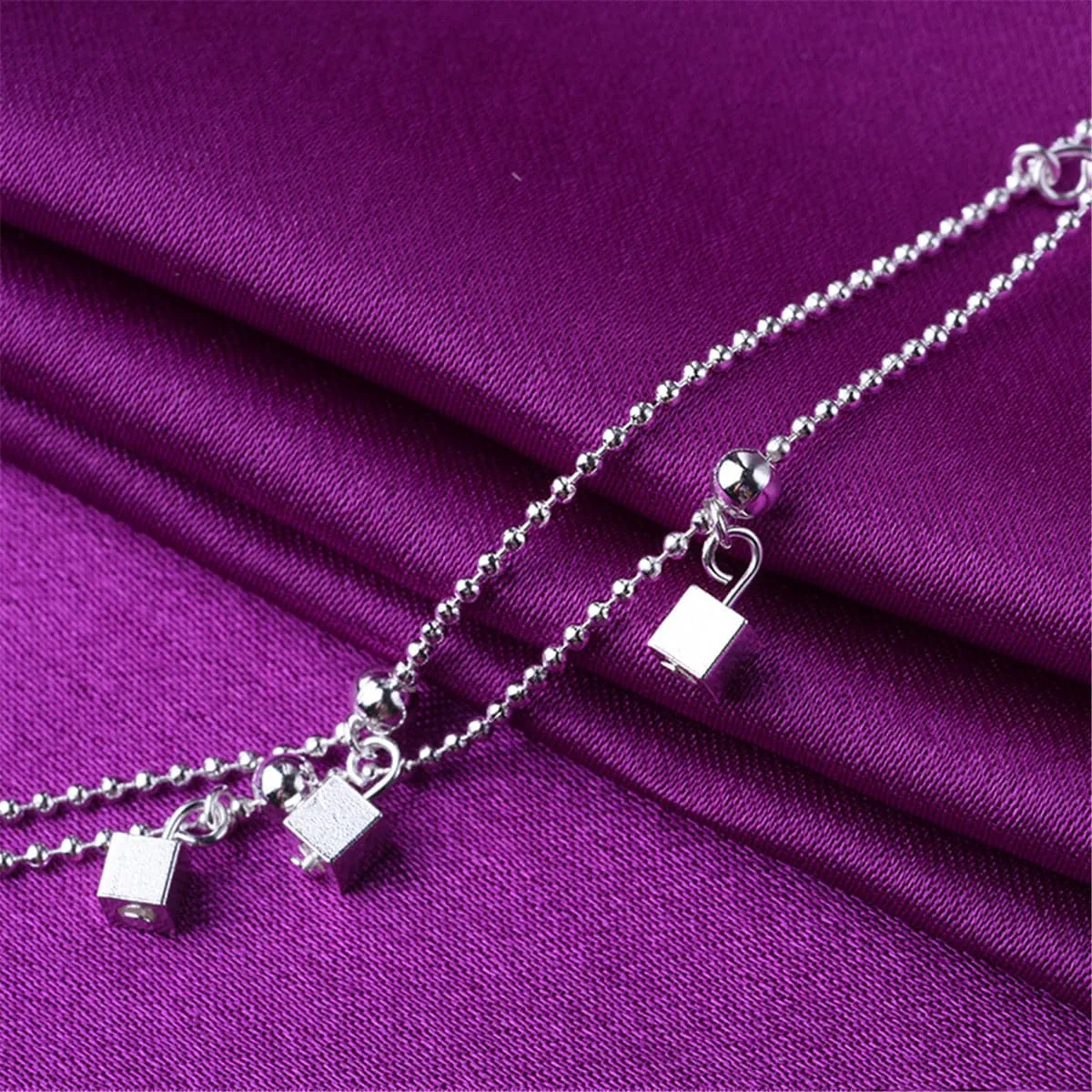 Silver-Plated Cube & Bead Double-Strand Anklet