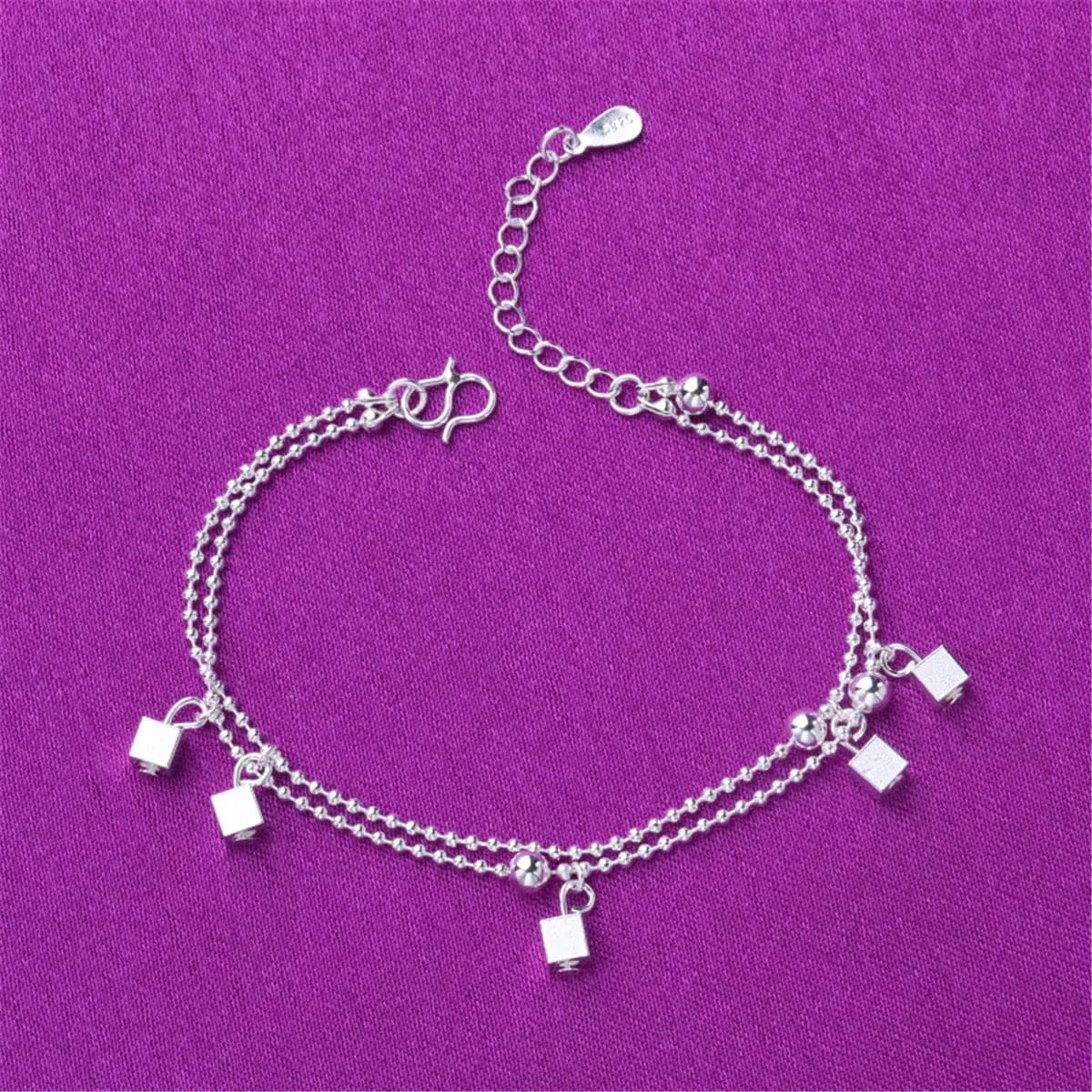 Silver-Plated Cube & Bead Double-Strand Anklet