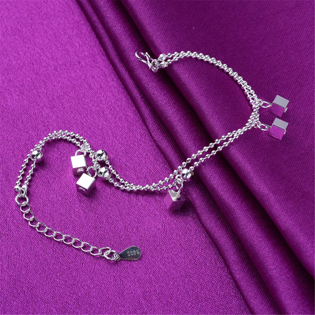 Silver-Plated Cube & Bead Double-Strand Anklet