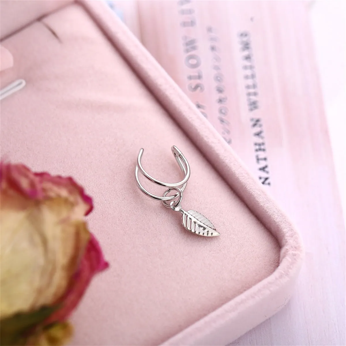 Silver-Plated Leaf Charm Ear Cuff