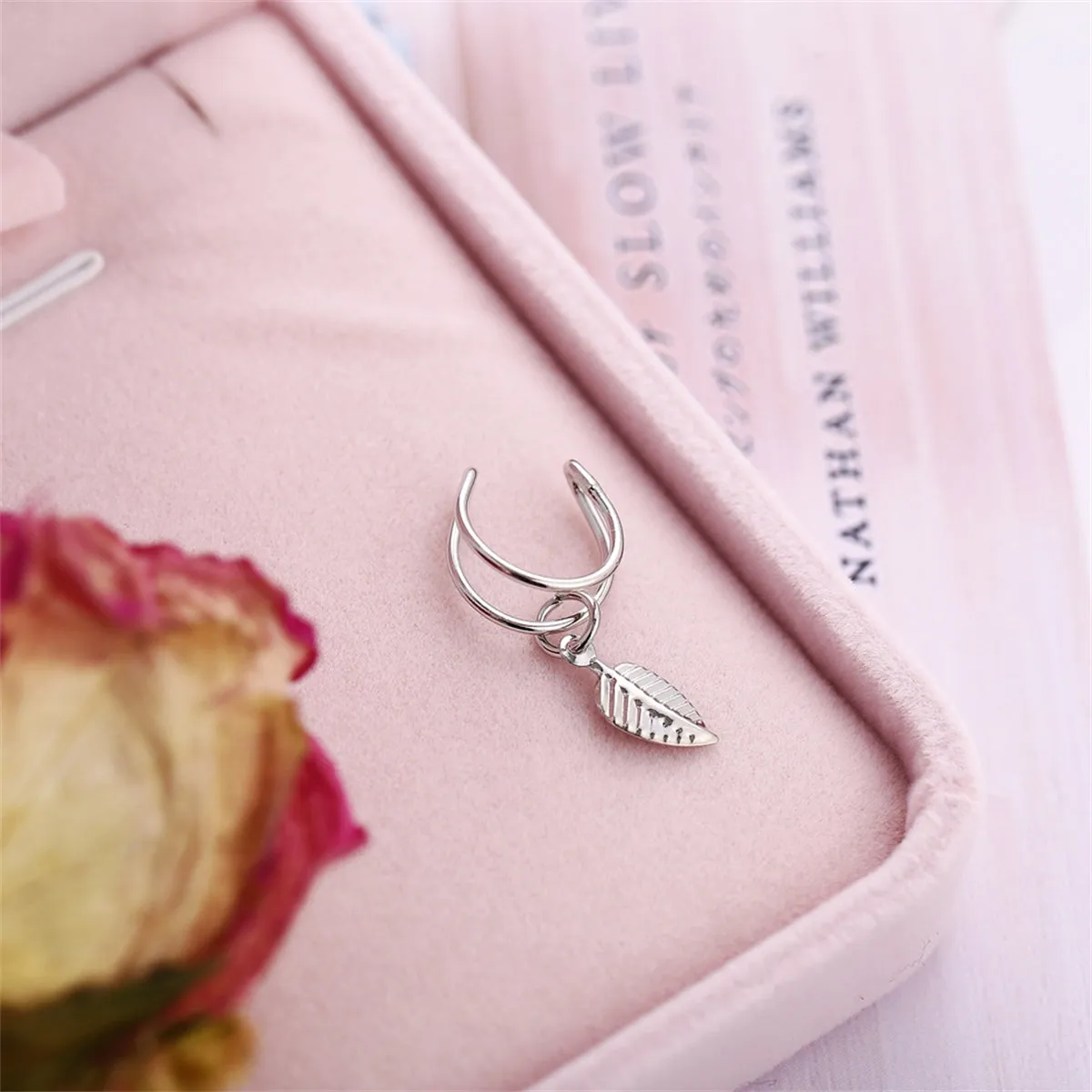 Silver-Plated Leaf Charm Ear Cuff