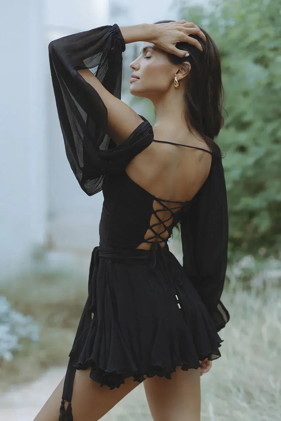 Skater Mini Dress | Chiffon Blend | Ruched Bodice & Balloon Sleeves
