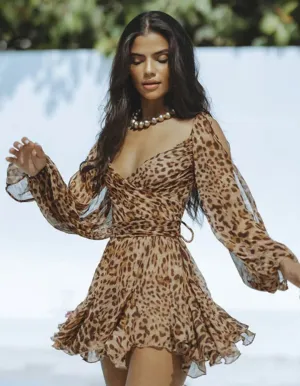 Skater Mini Dress | Chiffon Blend | Ruched Bodice & Balloon Sleeves