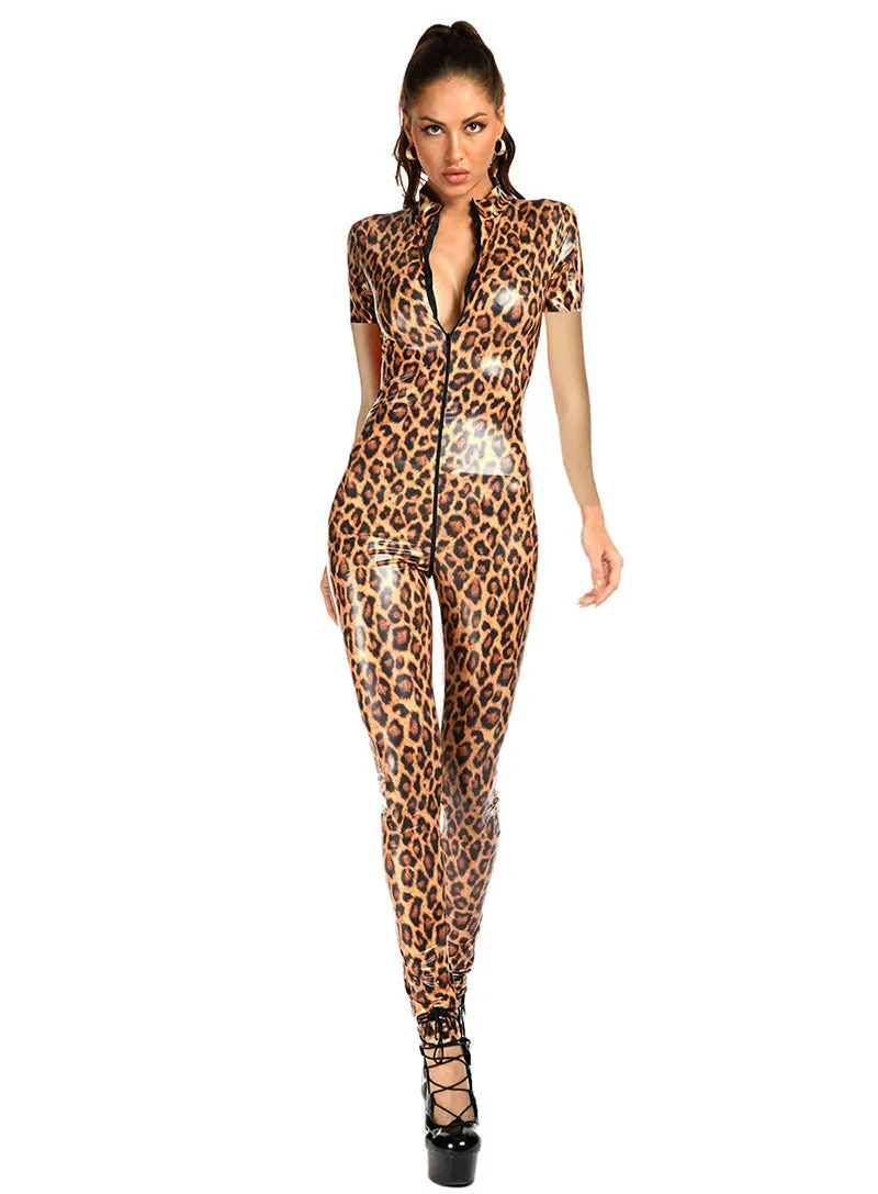 Sleek High-Stretch Leopard Print Jumpsuit with Zipper Front