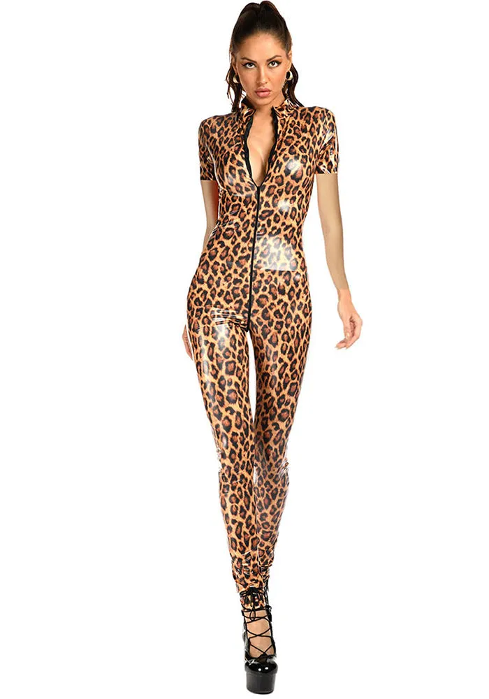 Sleek High-Stretch Leopard Print Jumpsuit with Zipper Front