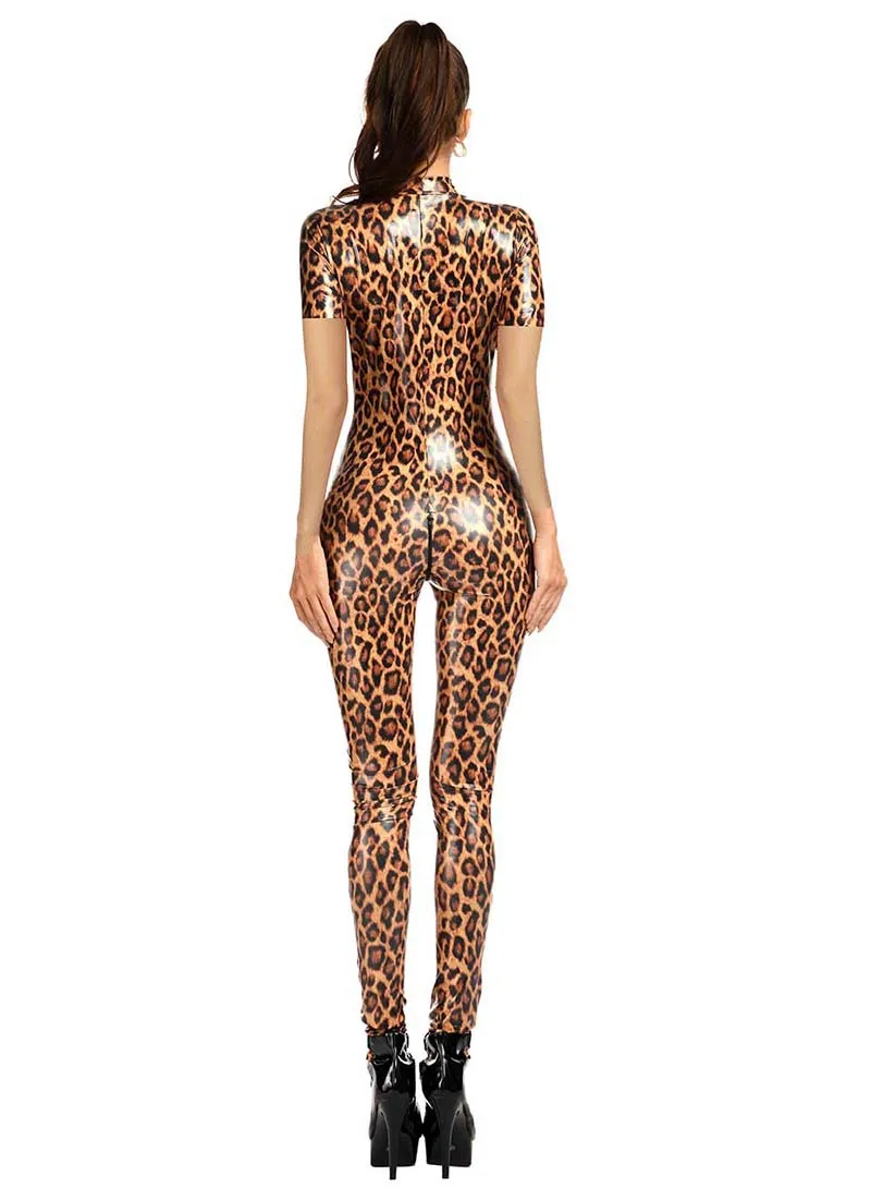 Sleek High-Stretch Leopard Print Jumpsuit with Zipper Front