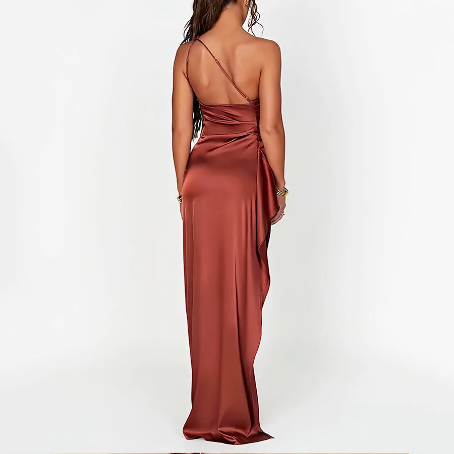 Sleek One-Shoulder Satin Dress with High Slit Elegance