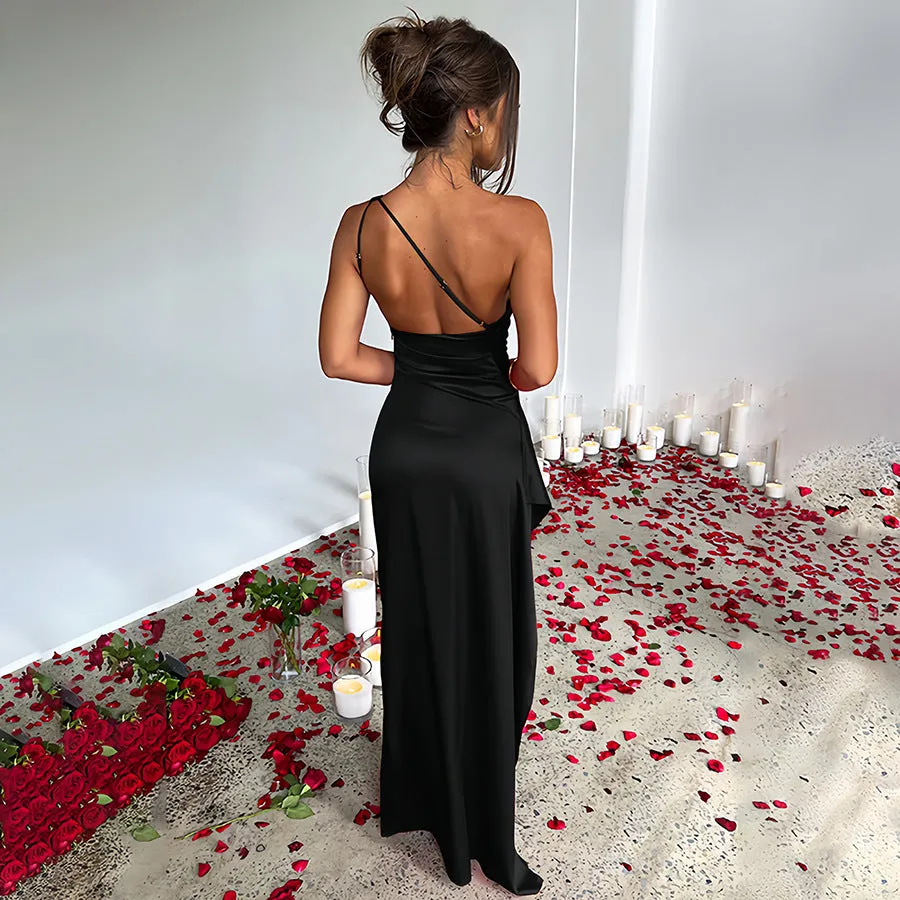 Sleek One-Shoulder Satin Dress with High Slit Elegance