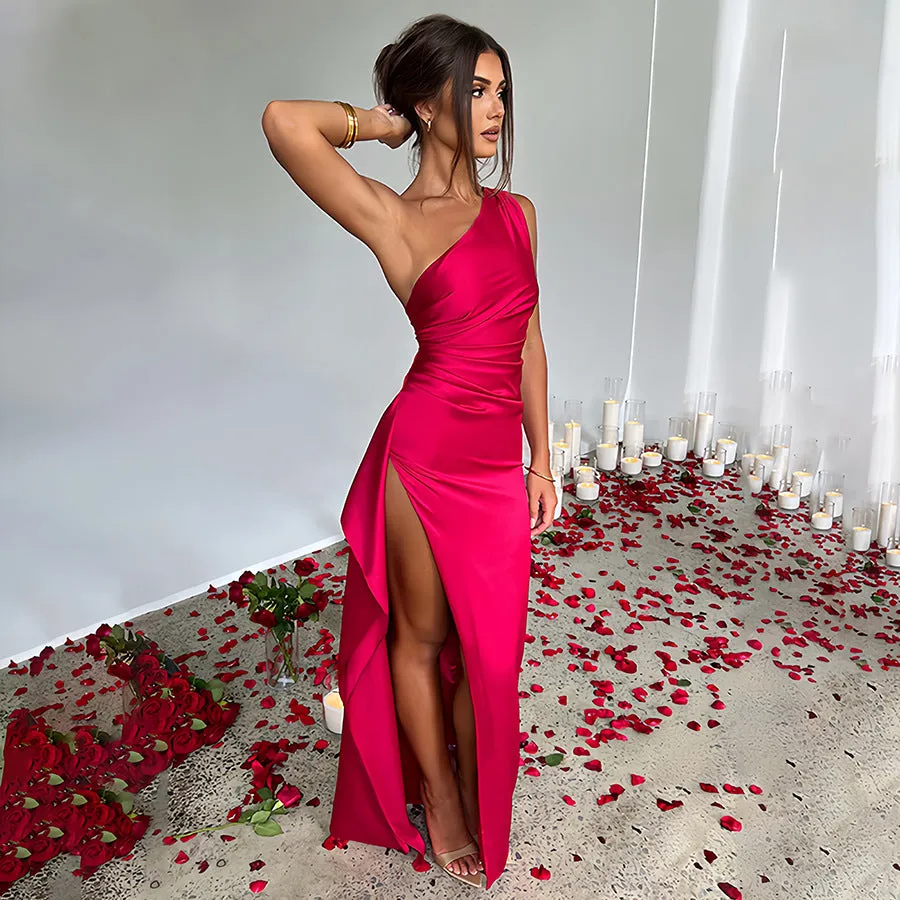 Sleek One-Shoulder Satin Dress with High Slit Elegance
