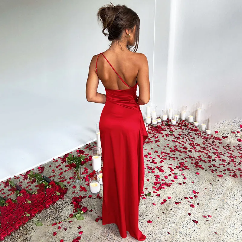 Sleek One-Shoulder Satin Dress with High Slit Elegance
