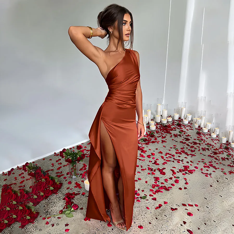 Sleek One-Shoulder Satin Dress with High Slit Elegance