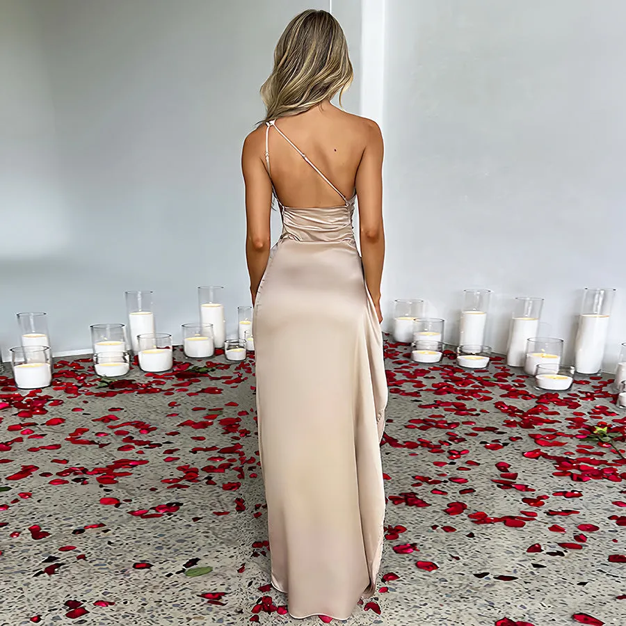 Sleek One-Shoulder Satin Dress with High Slit Elegance