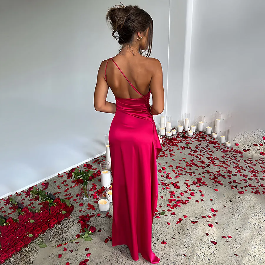 Sleek One-Shoulder Satin Dress with High Slit Elegance