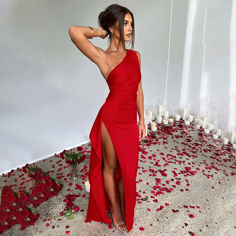 Sleek One-Shoulder Satin Dress with High Slit Elegance