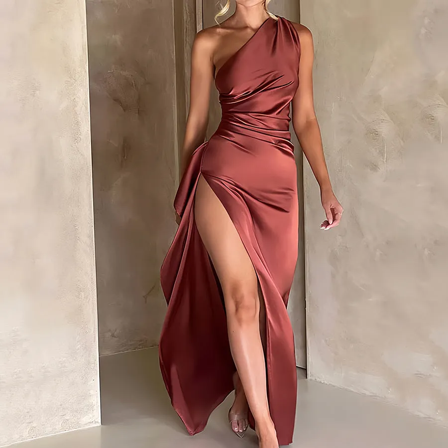 Sleek One-Shoulder Satin Dress with High Slit Elegance
